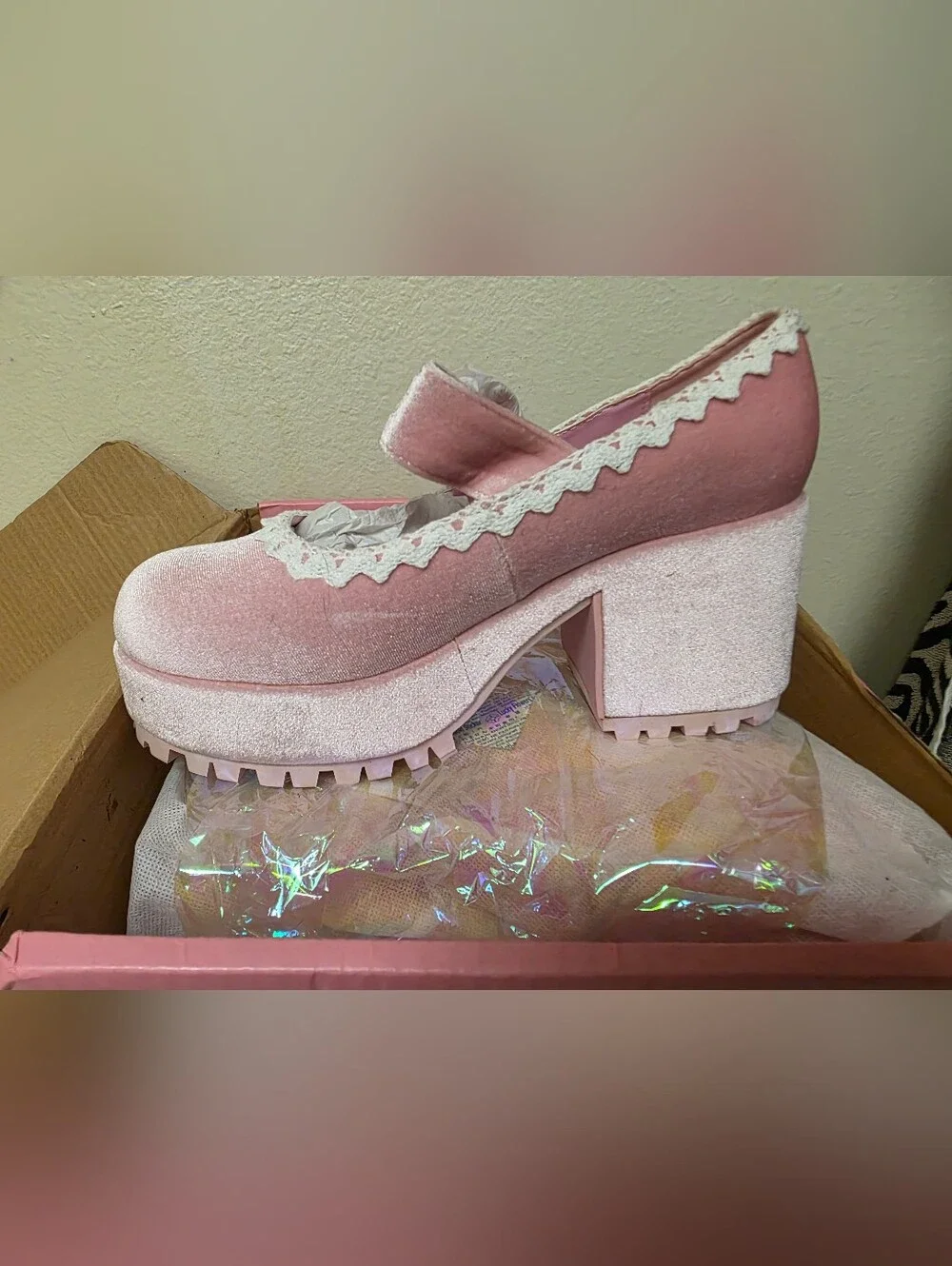 Sugar Thrillz Pink Velvet Mary Jane Block Heel